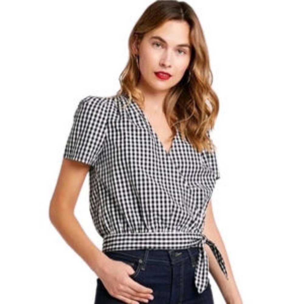 Madewell Checkered Plaid Blouse Tie Side Blue White Gingham Women's S